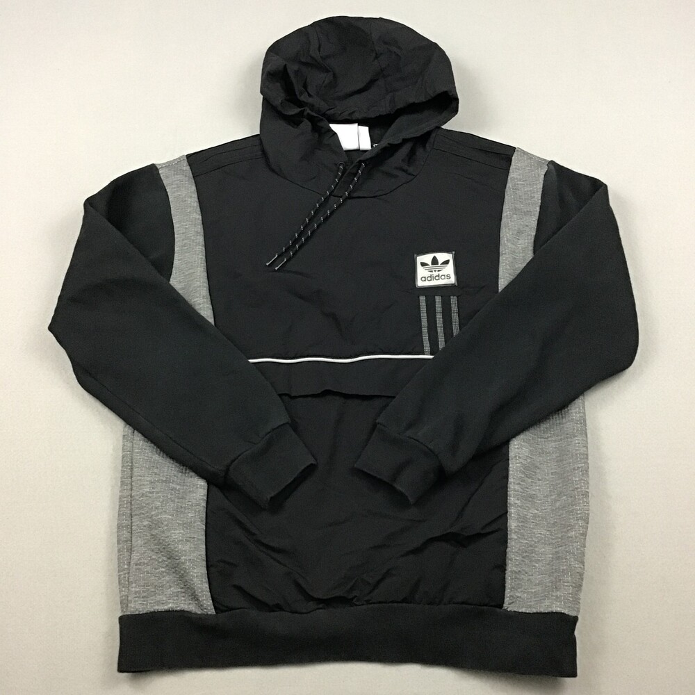 Adidas Jacket Men Medium Black Gray Three Stripe Pullover Hood Pocket M *